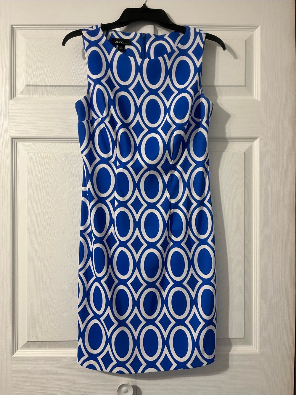 Alyx Blue and White Geo Sleeveless Sheath Dress
